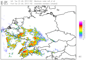 Fig. 3: COSMO-DE forecast for 14 UTC Tue 23 July 2013: maximum simulated radar reflectivity of all EPS runs.